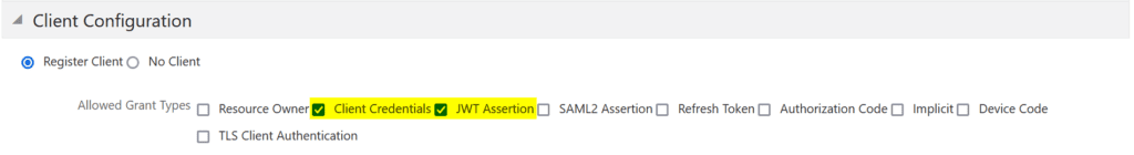 Select ‘Client Credentials’ and ‘JWT Assertion’ in the Allowed Grant Types: