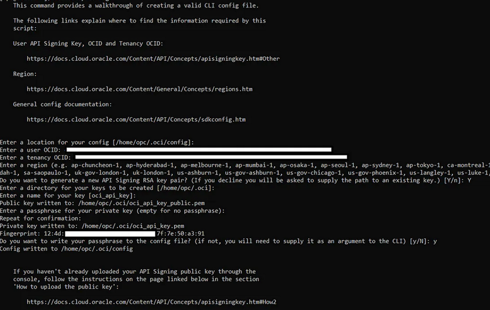 OCI setup config command to generate public/private keys and .pem files