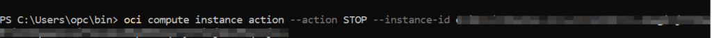 oci compute instance action --action STOP --instance-id replace-with-instance-ocid