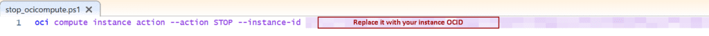 oci compute instance action --action STOP --instance-id replace-with-instance-ocid