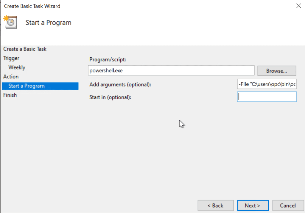 call powershell.exe for Create a task in windows scheduler for Oracle Cloud Automation using OCI CLI 