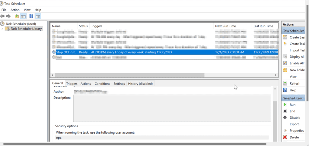 task scheduler summary for call powershell.exe for Create a task in windows scheduler for Oracle Cloud Automation using OCI CLI 