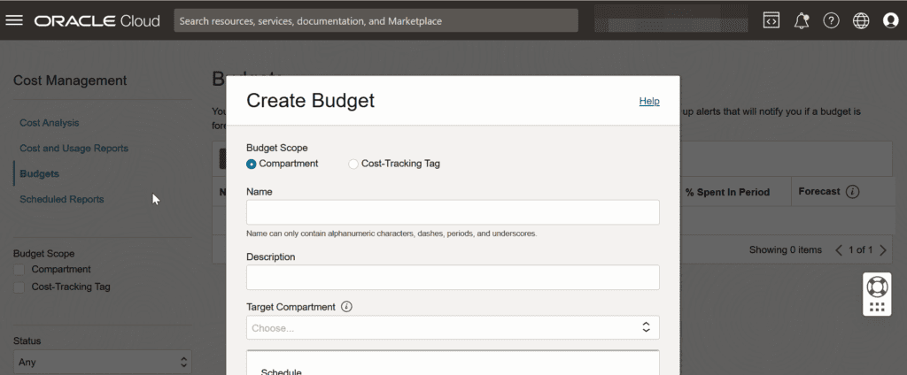 Create new budget for Oracle Cloud OCI Budget Alerts