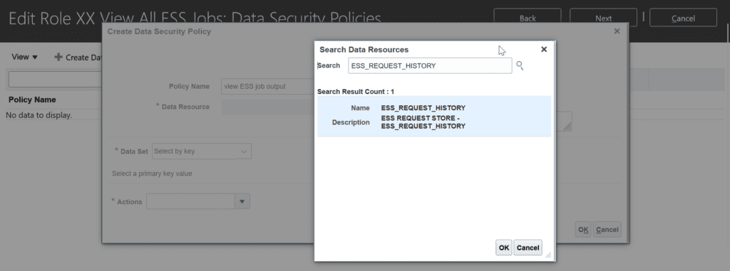 Create ESS data security policy and add ESS_REQUEST_HISTORY as data resource