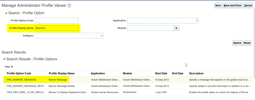 The profile option to set banner message in oracle fusion erp is FND_BANNER_MESSAGE or banner message