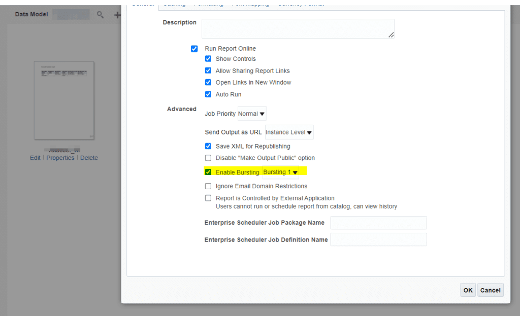 enable bi bursting in report properties