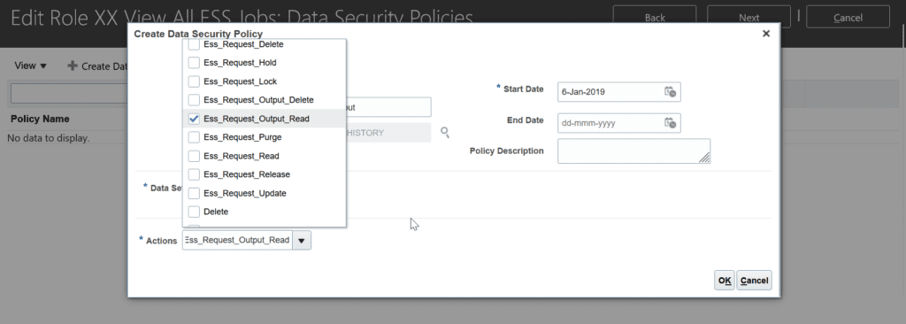 Choose Data security policy action as ESS_REQUEST_OUTPUT_READ