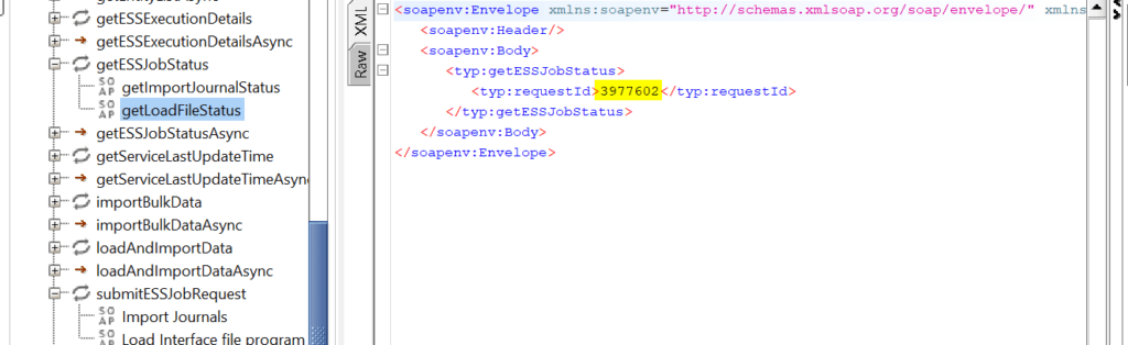 get ESS job status ERP Integration Service operation for load interface file