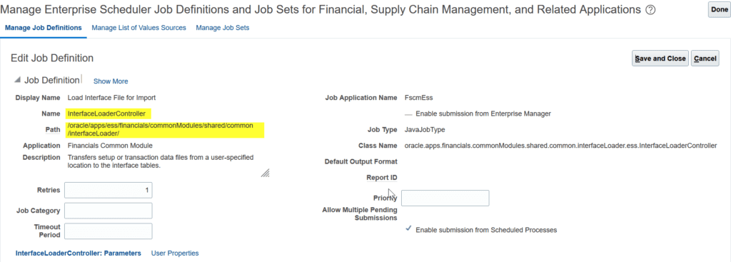 Manage ESS Jobs definition. Load Interface File for Import