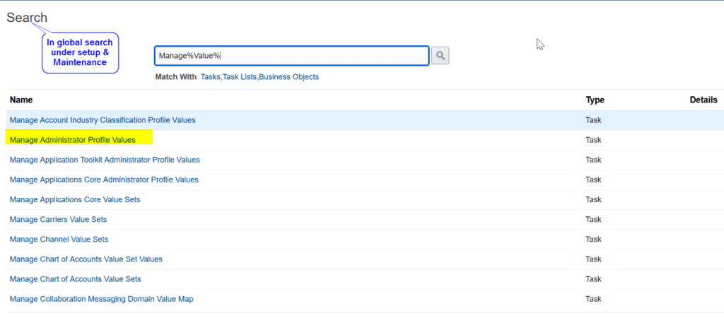 locate Administrator Profile Values on global search page under setup & maintenance in Oracle Fusion ERP to setup a banner message