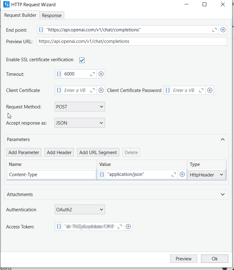 UiPath configure http request activity for calling ChatGPT OpenAPI.