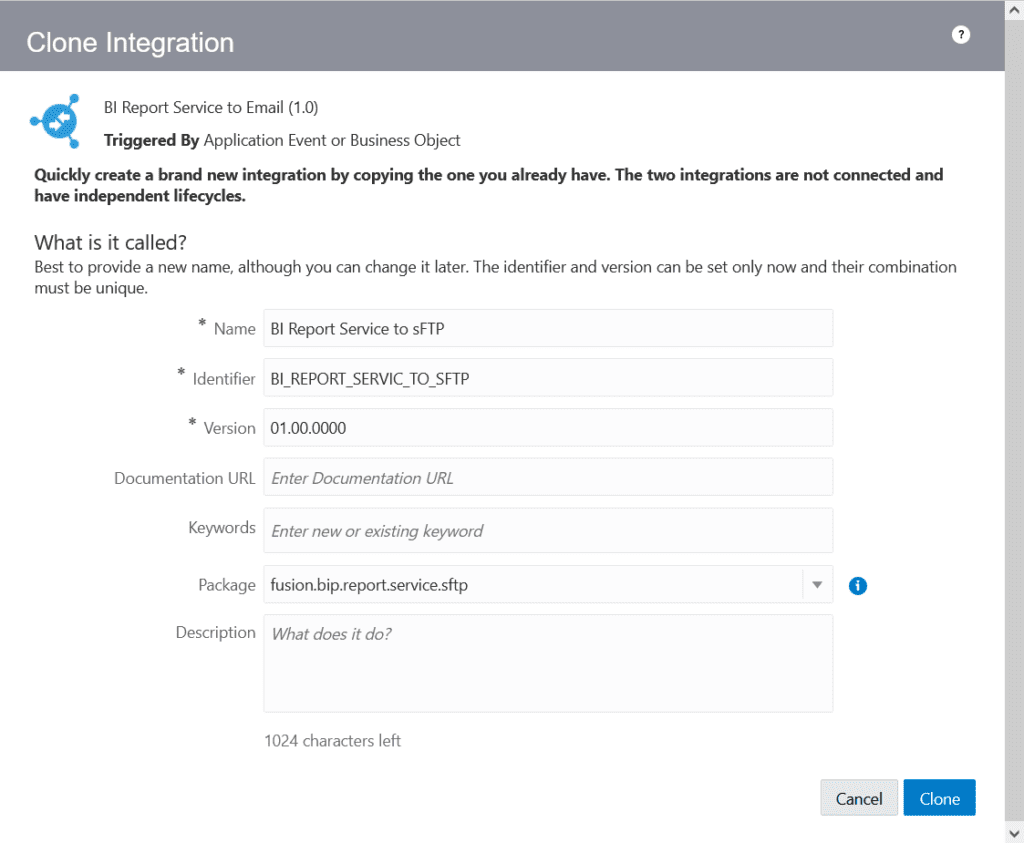 Clone integration previously built integration to download Oracle Fusion BIP Report using Oracle OIC