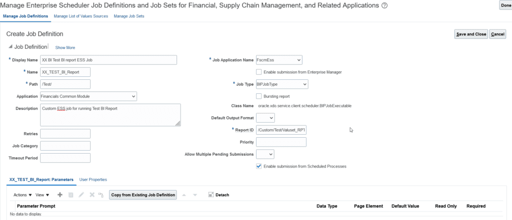 Create Job Definition and enter details of BI Report