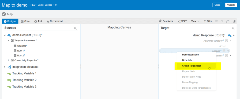 Create target node in designer mapping view