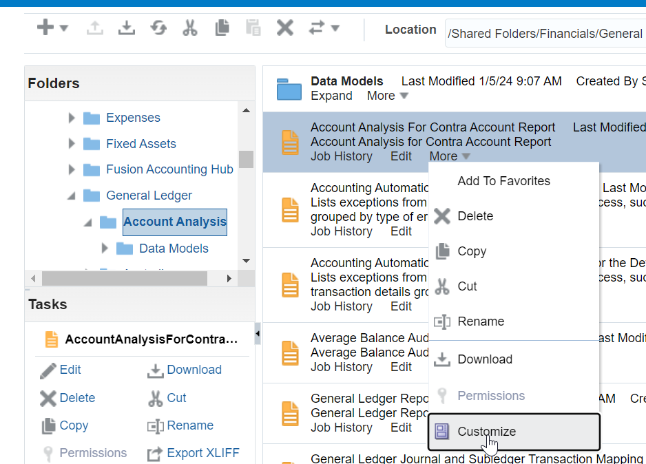 To customize BIP report in Oracle Fusion ERP click customize