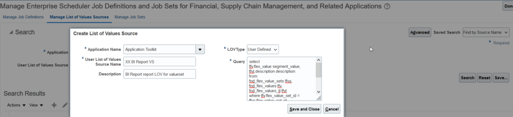 Define LOV with sql query for custom ESS job