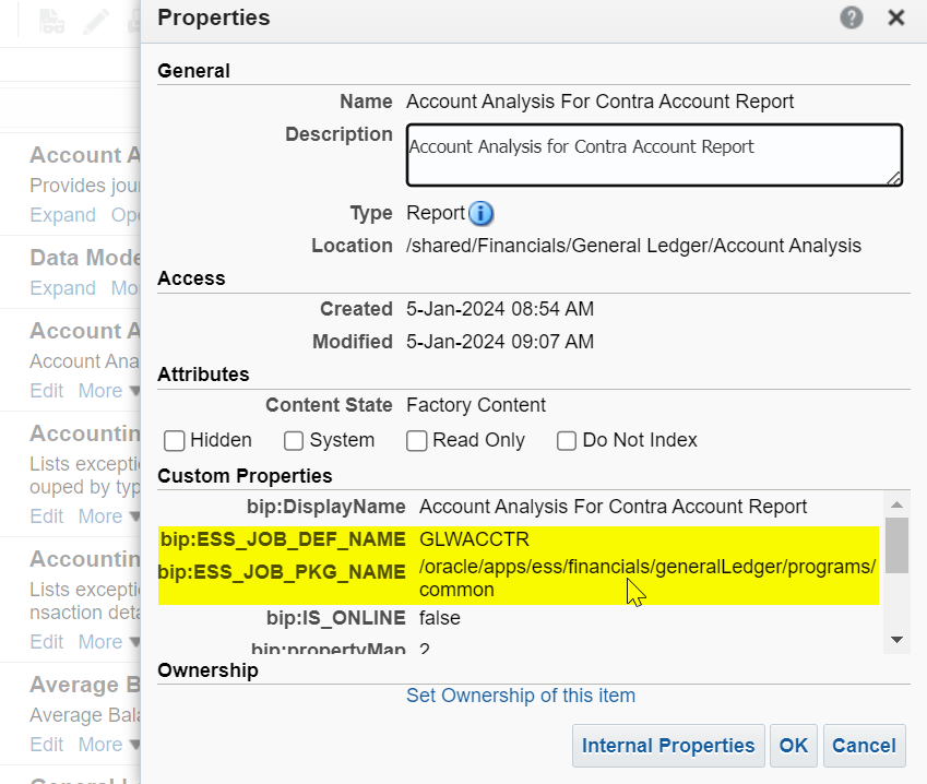 Check standard report properties to find about ESS Job details