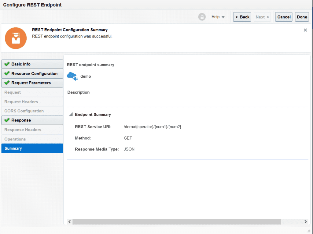 Rest endpoint configuration summary