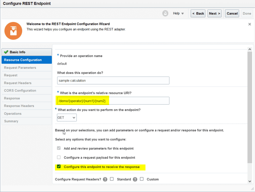 Enter details on Rest endpoint resource configuration page