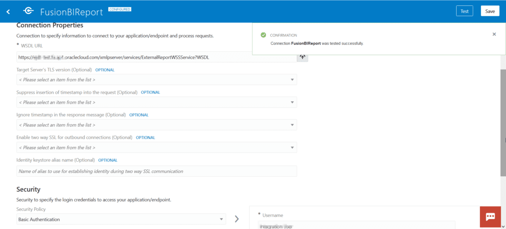 Define SOAP connection and enter WSDL URL and fusion application credentials