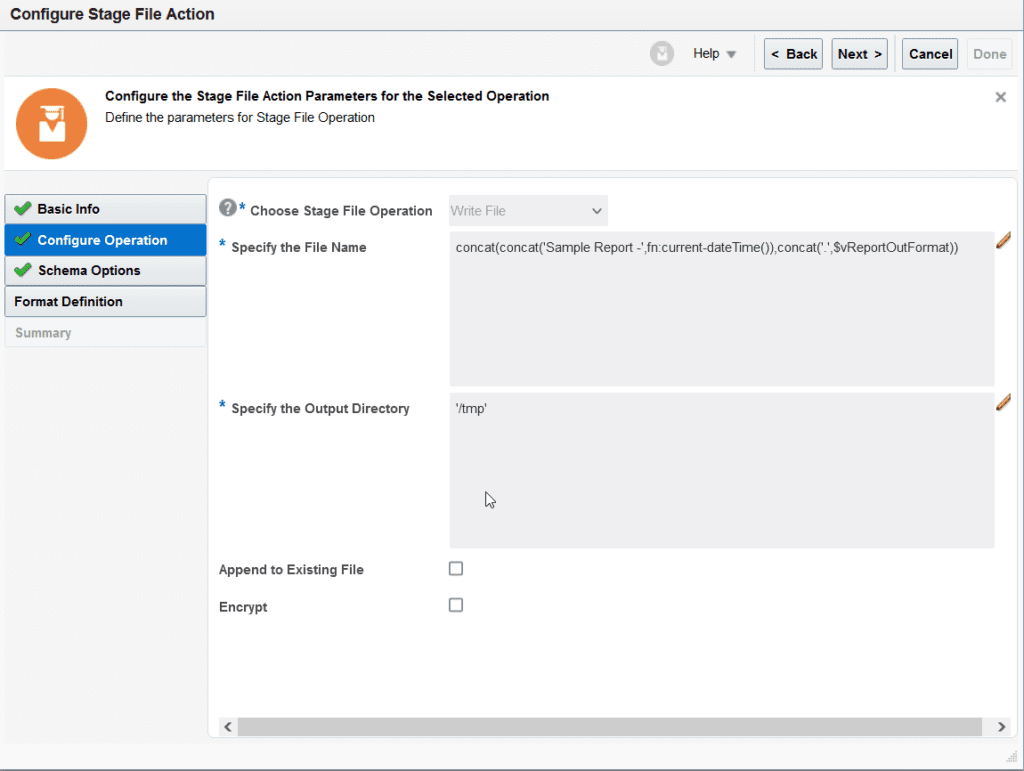 configure stage file action write file operation