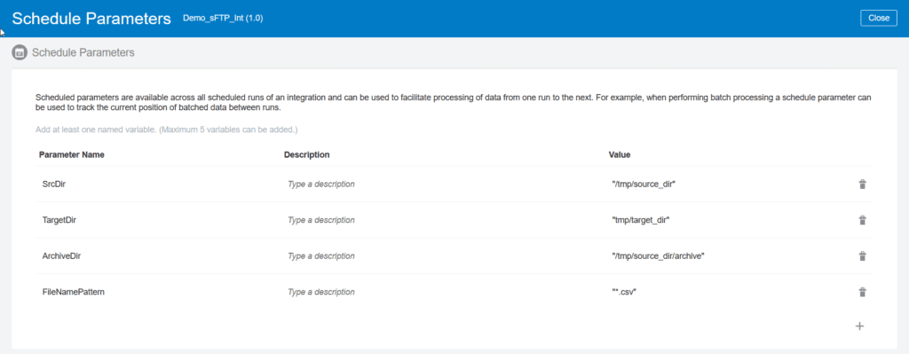 defining schedule parameters for integration to transfer Files between ftp servers using Oracle OIC