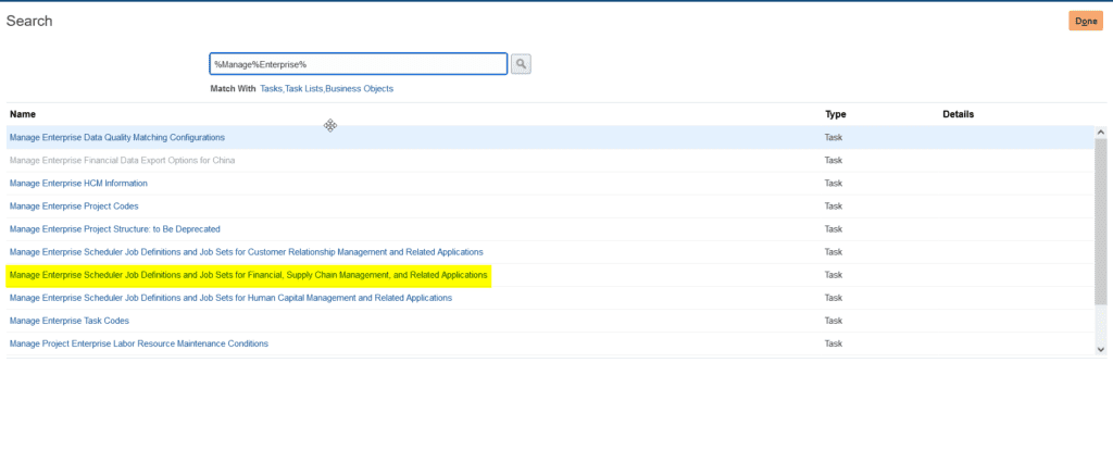 Open manage enterprise scheduler job definitions for financials and supply chain to create ESS Job in Oracle Fusion ERP