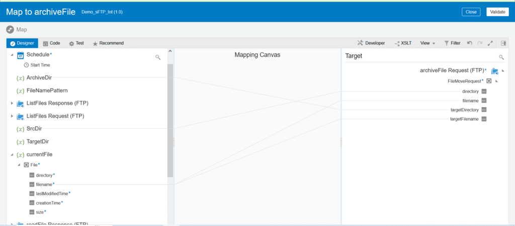 Define move file operation defining schedule parameters for integration to transfer Files between ftp servers and perform the mapping of attributes