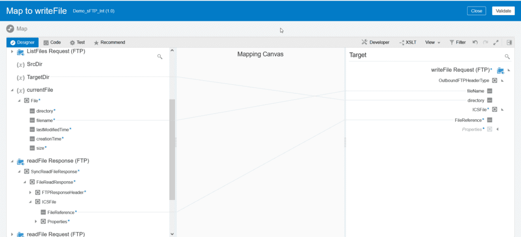 Map write file attributes including target directory, filename and file reference