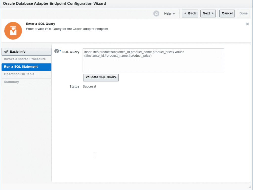 configure database adapter for oic insert into database