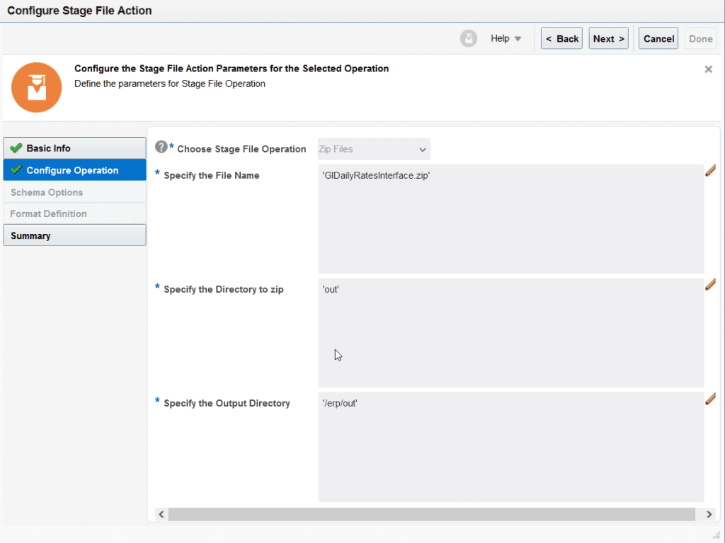 Stage file action with zip file operation for fbdi using oic