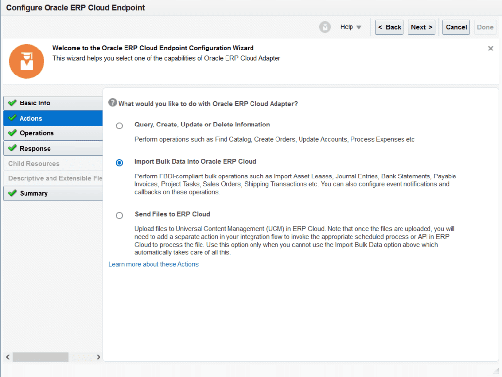 Configure erp adapter and choose bulk data import action for fbdi via oic