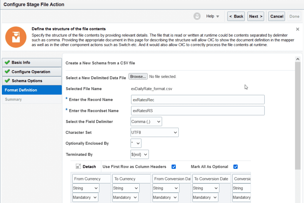 Use the same template format to configure stage file write action for fbdi oic