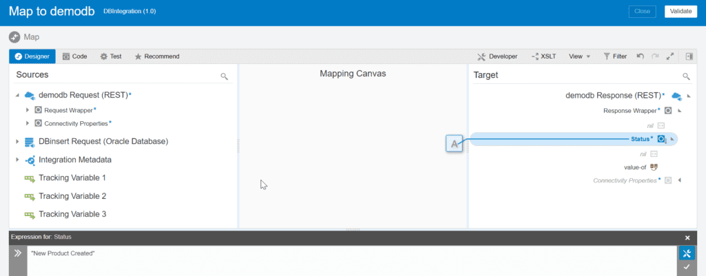 map rest response status field for OIC database insert