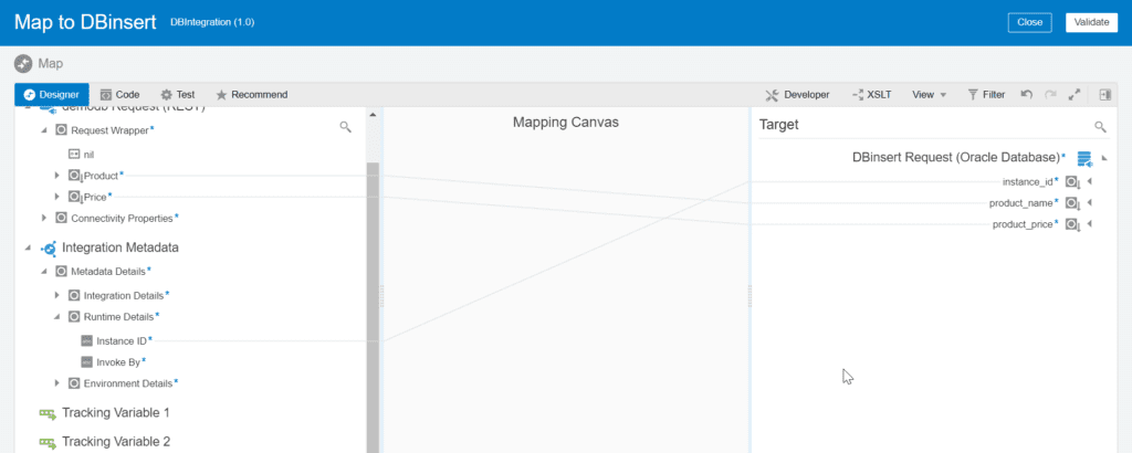 mapping db adapter with rest service for oic insert into the database