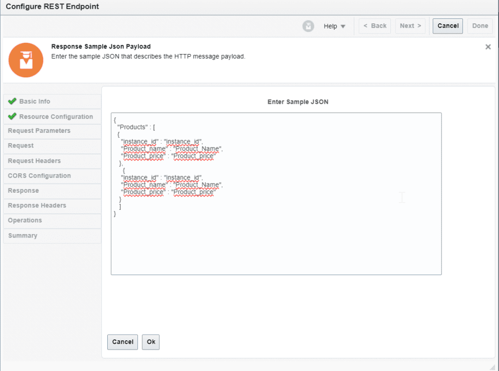 configure response payload for oic select from database