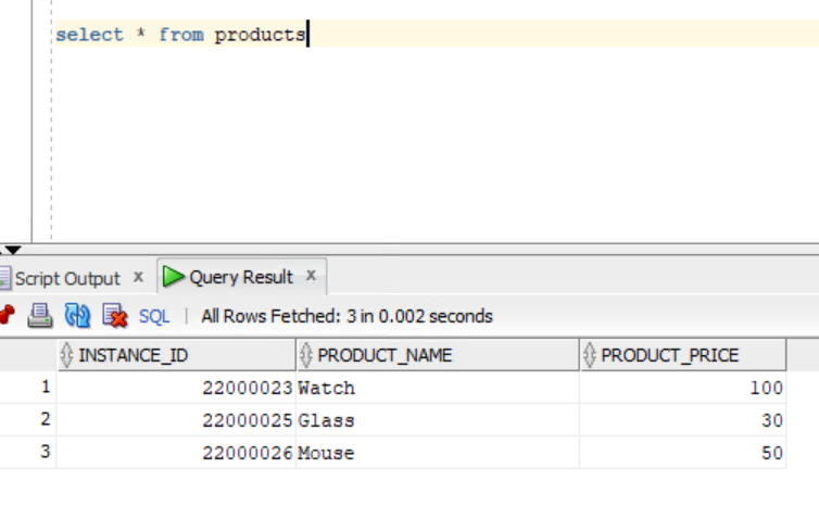 db product table structure for oic select from database