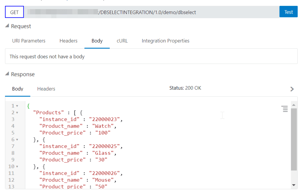 integration testing results for OIC select from database