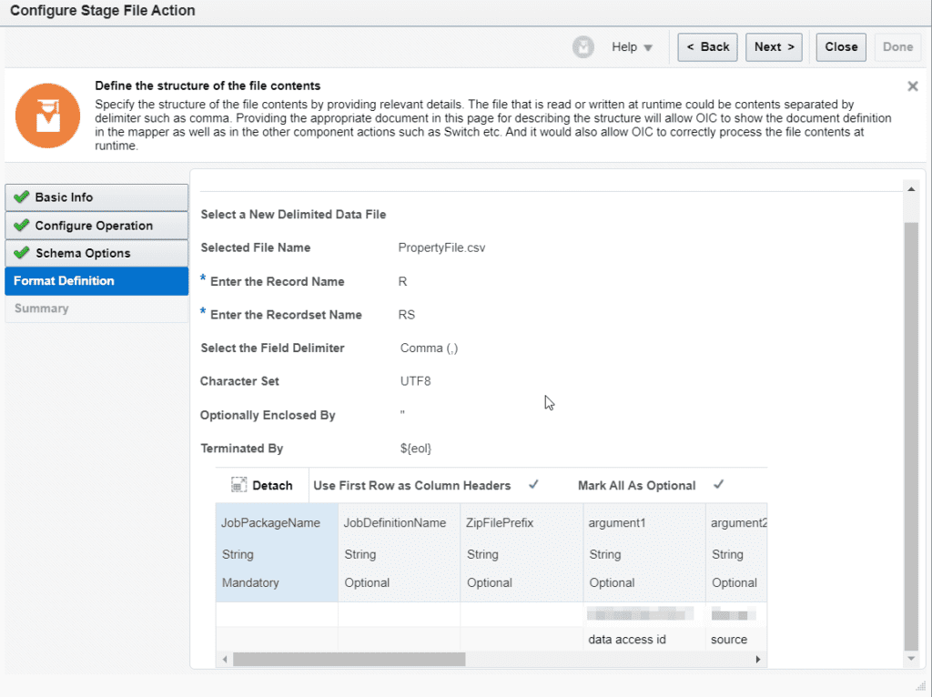 Configure Stage file action for GL Journal property file format