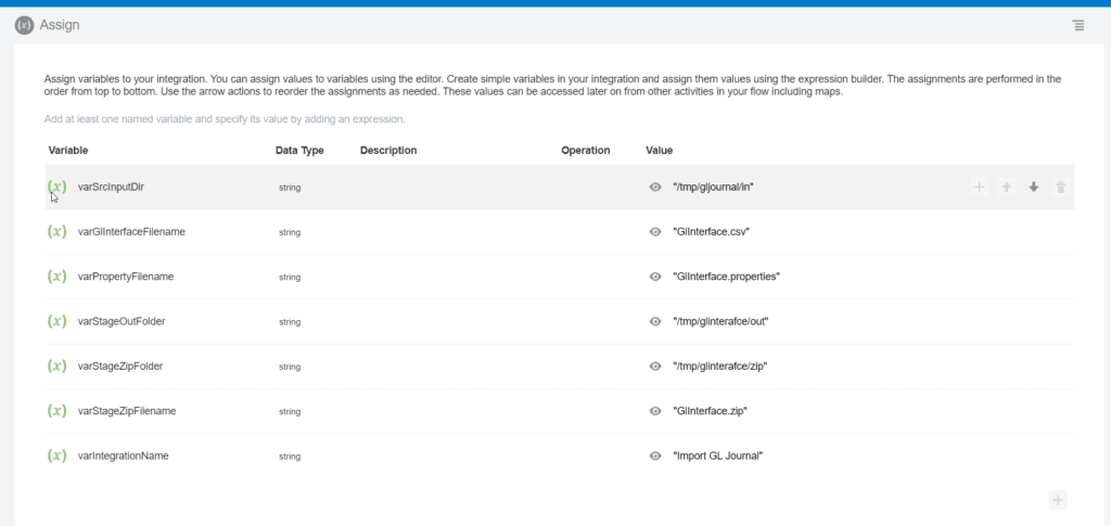 Define variables which will be used during GL journal import OIC integration workflow development