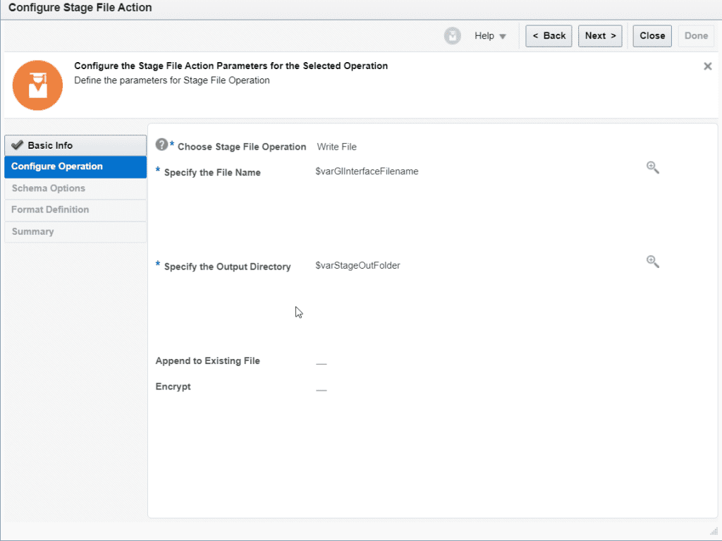 Stage file action to write GL Journal file in OIC