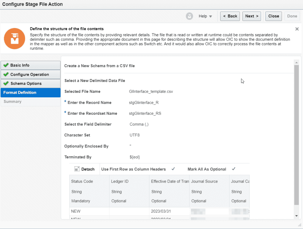 Configure stage file write action to specify gl journal file format in OIC