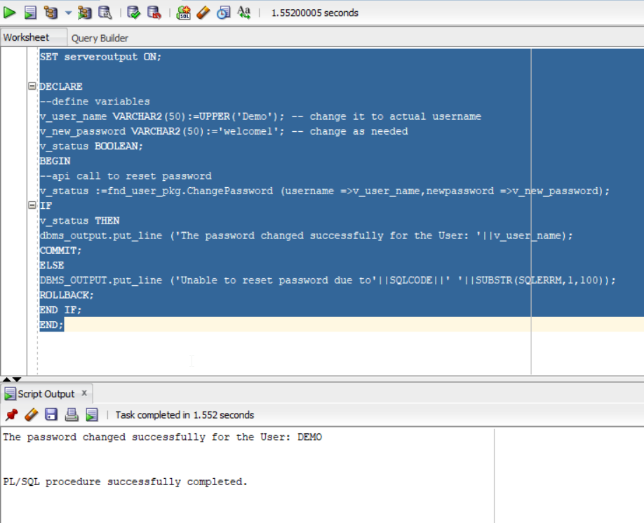 Oracle eBS Password Change Script output