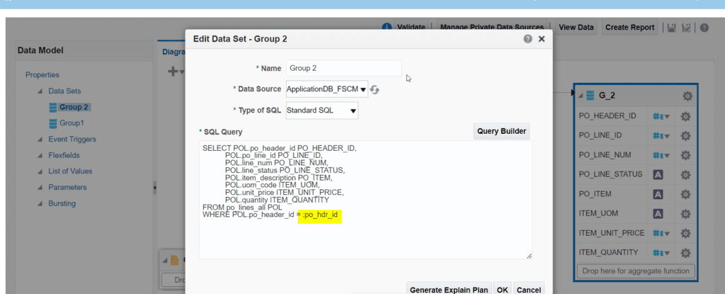 Bind variable for master detail using group link 