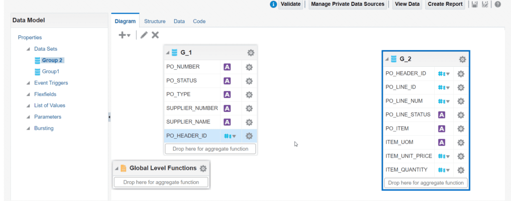 master detail bi report using element link