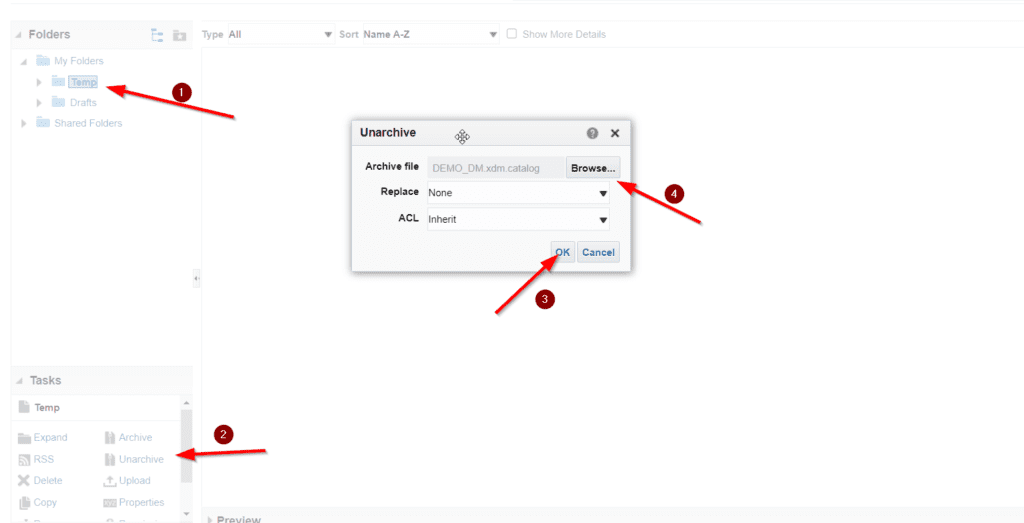 unarchive to migrate BI report in target instance