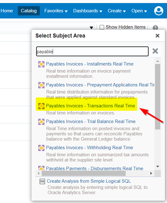 select subject area in otbi report