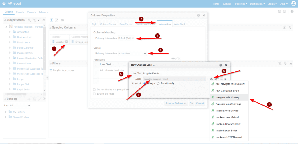 create drill down otbi reports by linking ap and supplier reports