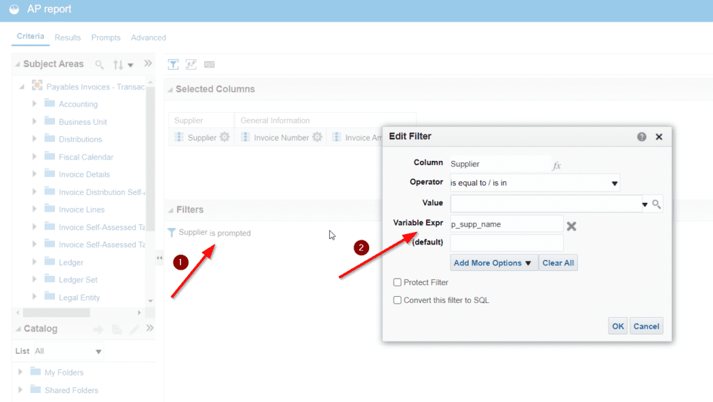 modify filter on ap invoice otbi report