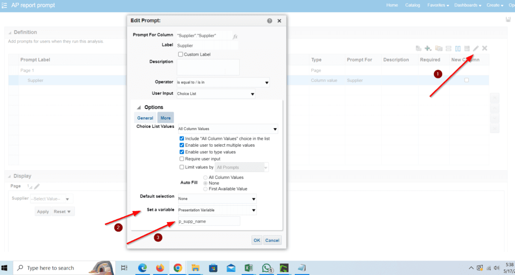 modify dashboard prompt for drill down otbi reports